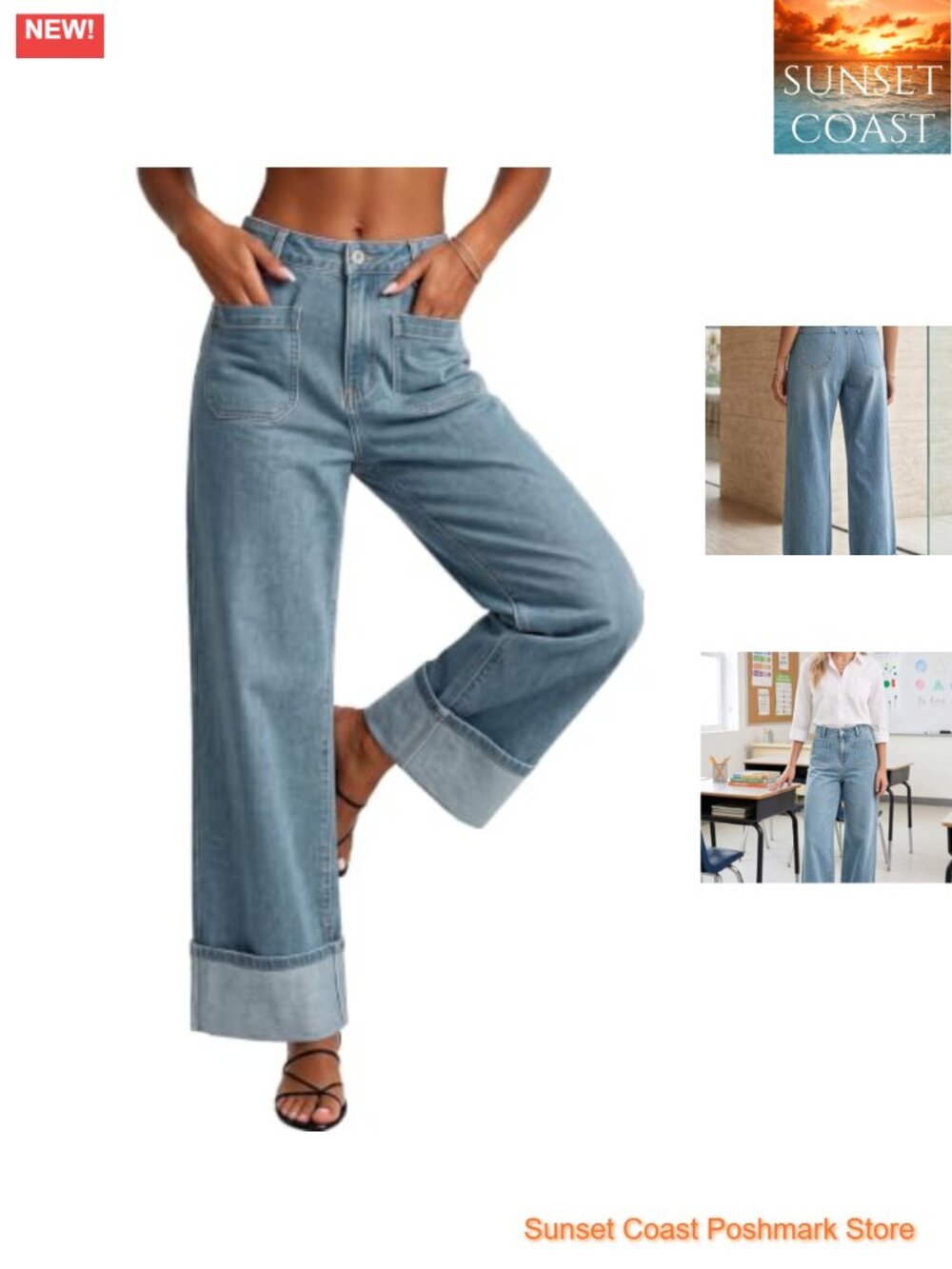 Womens High Waisted Wide Leg Stretch Denim Jeans Trendy Cuff Hem